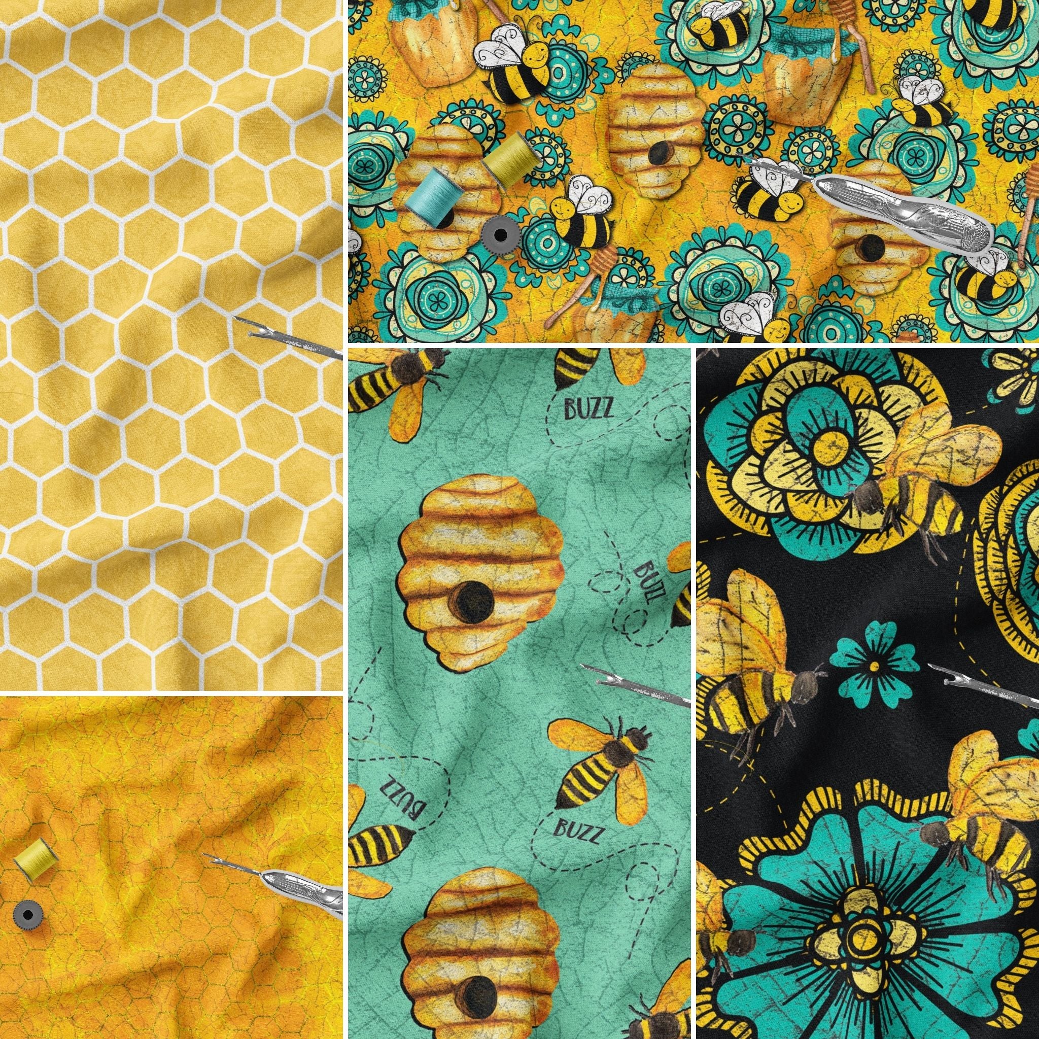 Bee Honeycomb Bees Realistic Buzzing Yellow Black Cotton Fabric 7 in Scrap  Cut for sale online