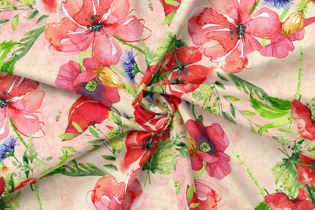 Powerful poppies on Pink 100% Cotton Fabric -MZ0001PP