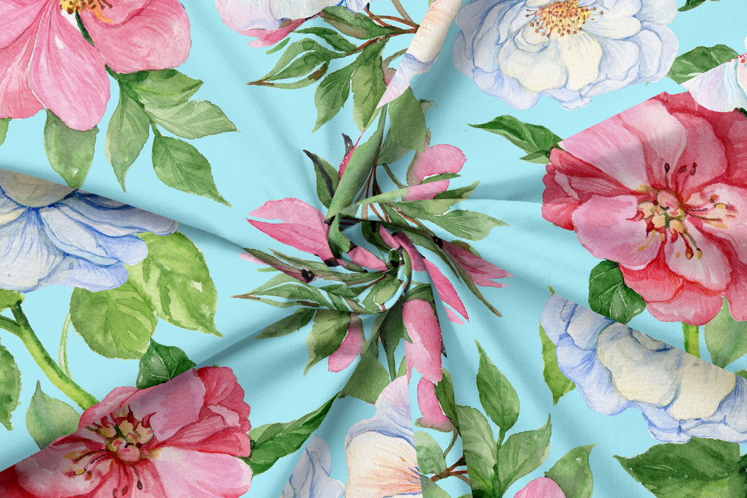 Pretty Peonies on blue 100% Cotton Fabric -MZ0006PN