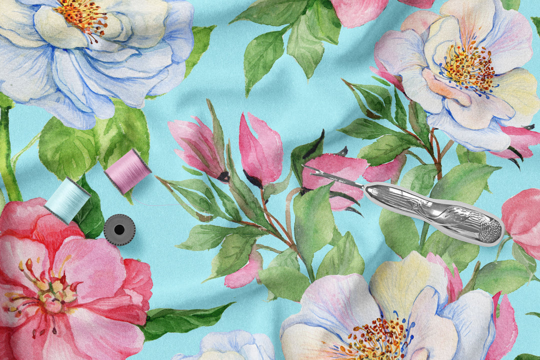 Pretty Peonies on blue 100% Cotton Fabric -MZ0006PN